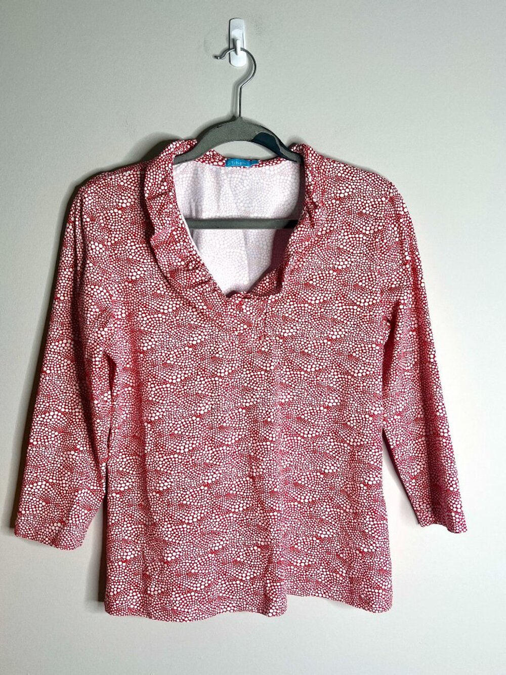 J. McLaughlin Red Dot Print Ruffle Neck Catalina Cloth 3/4 Sleeve Top Preppy M